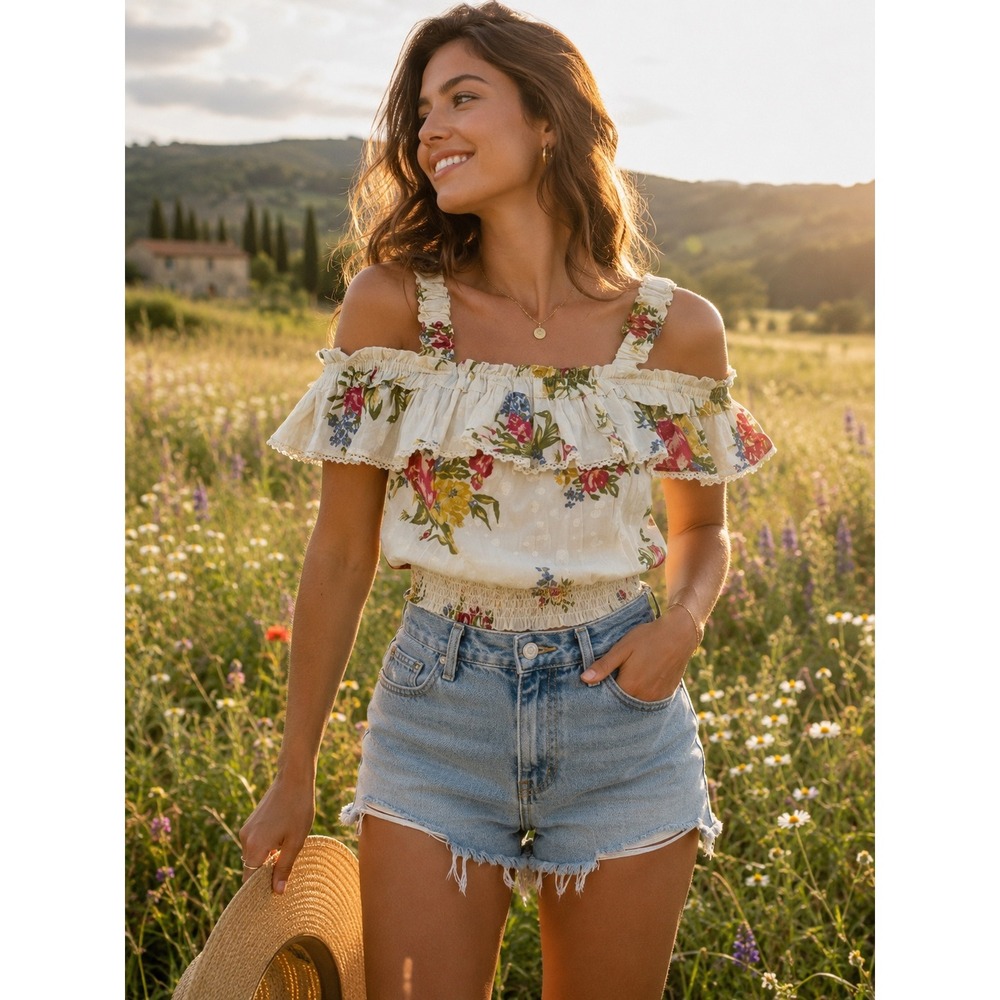 House of Harlow Crop Top S Floral Smocked Milkmaid Cotton Lurex Boho Coquette